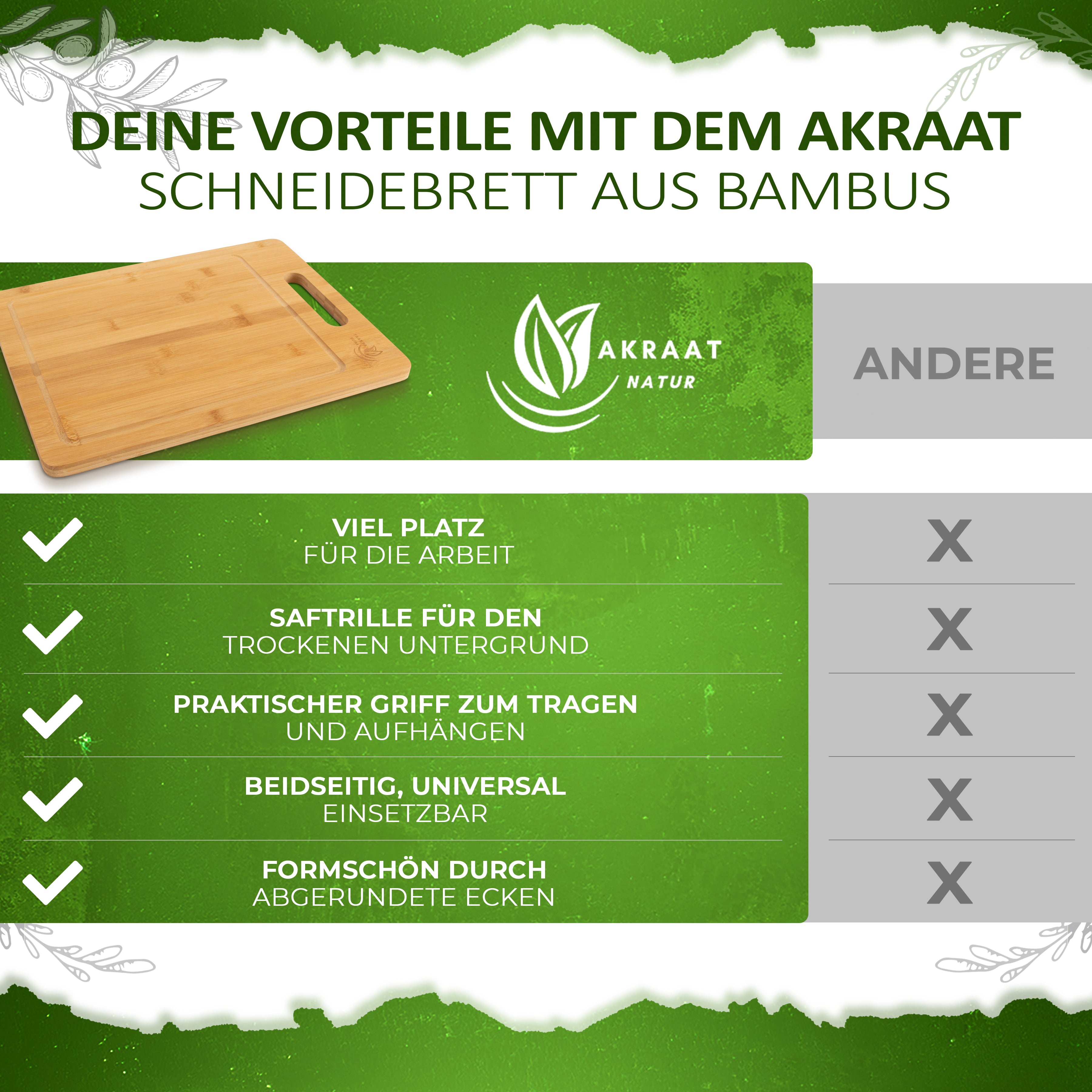 Akraat® Schneidebrett aus Bambus mit Saftrille und Griff - 40x30x1,5 cm